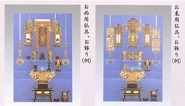 お西用仏具、お飾り（例）／お東用仏具、お飾り（例）